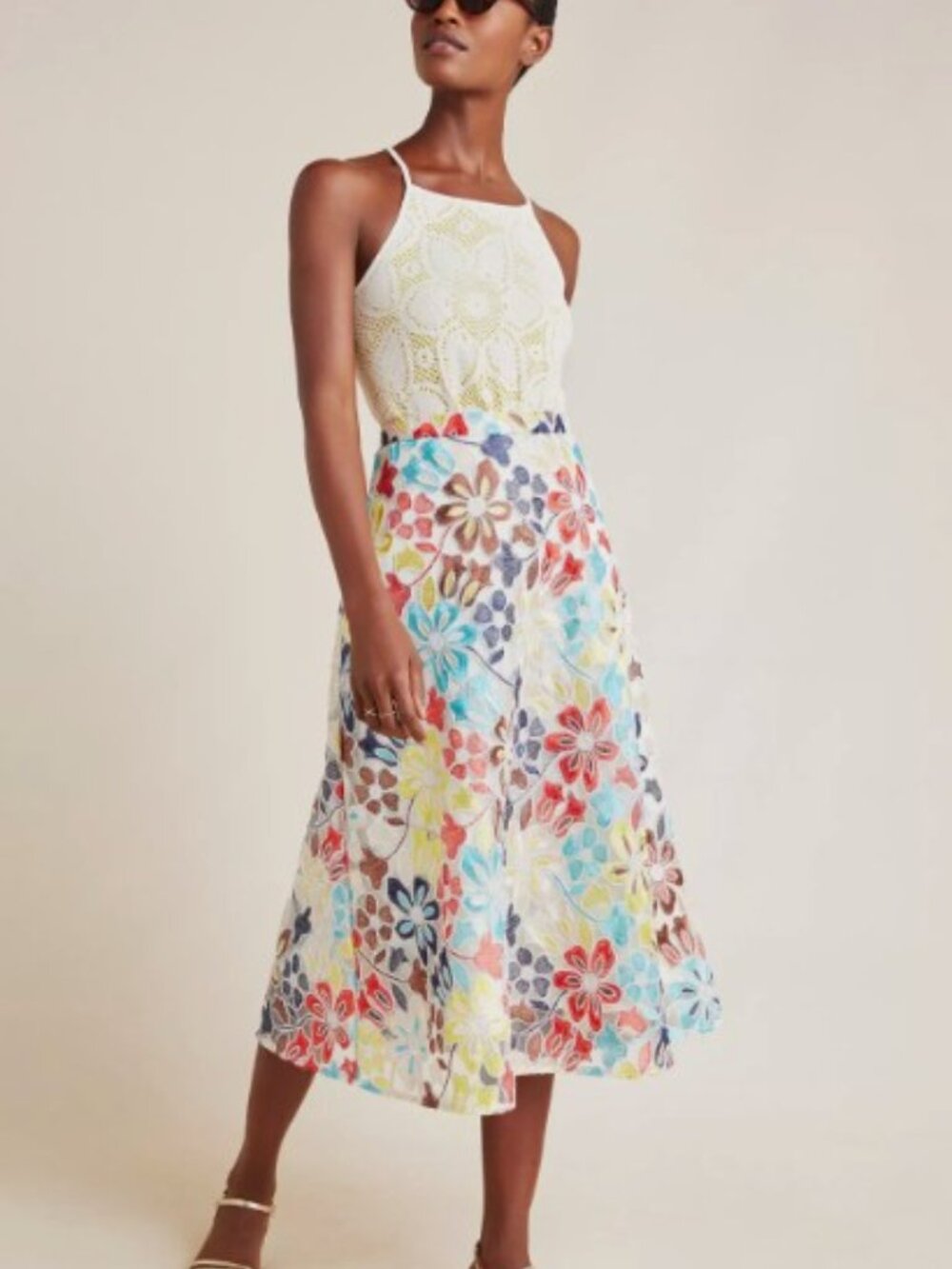 Anthropologie Eva Franco Floral Embroidered Midi Skirt Sz 10 A-Line Mesh Overlay